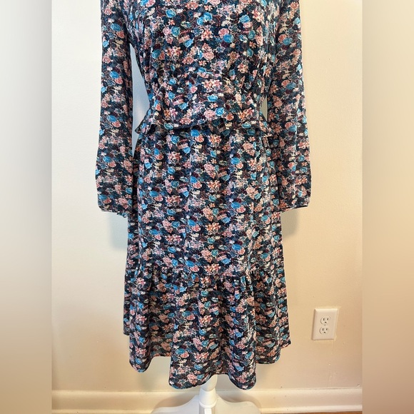 J. Crew Peplum Ruffle Paisley Floral Navy Tiered Long Sleeve Mini Dress - Picture 4 of 6